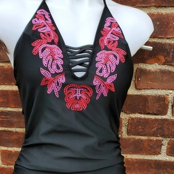 Black halter  embroidered‎ swimsuit S - Picture 2 of 12